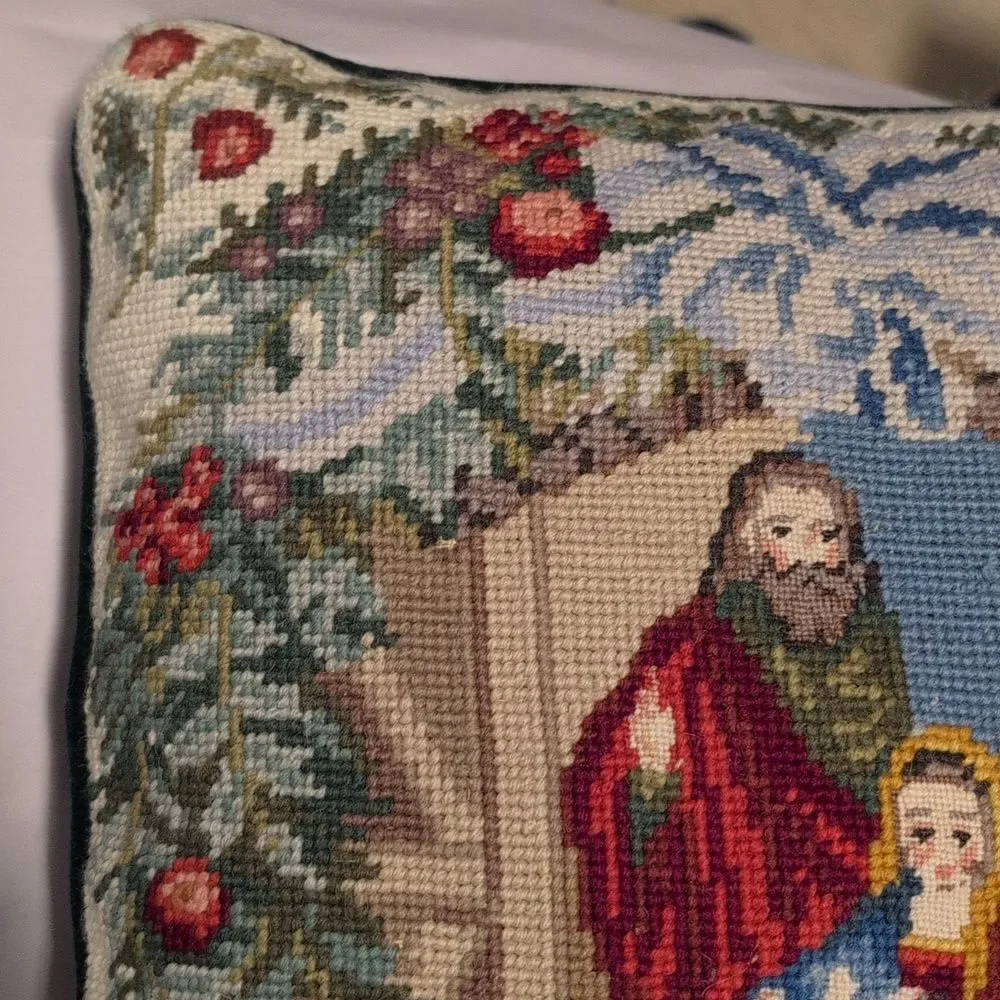 Holiday Nativity Scene Needlepoint Pillow Green Velvet Backing